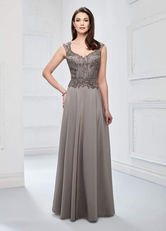 Montage by Mon Cheri - 218907 Beaded V-neck Stretch Crepe A-line Gown in Gray