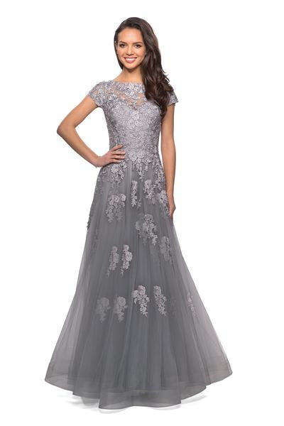 La Femme - 26907 Lace Applique Bateau A-line Dress In Silver