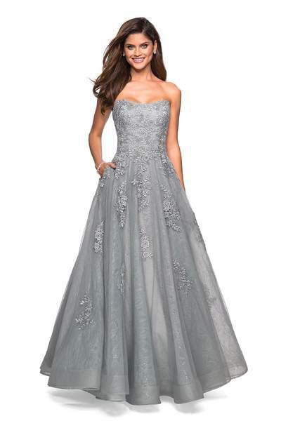 La Femme - 27493 Strapless Lace Sweetheart Tulle Ballgown In Silver