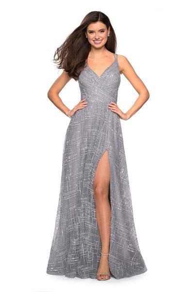 La Femme - 27715 Sequined Surplice Bodice A-Line Gown In Silver