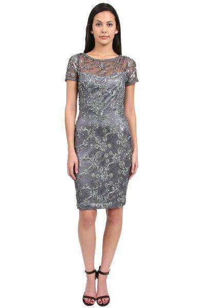 Sue Wong - Short Sleeve Sheath Cocktail Dress in Gray