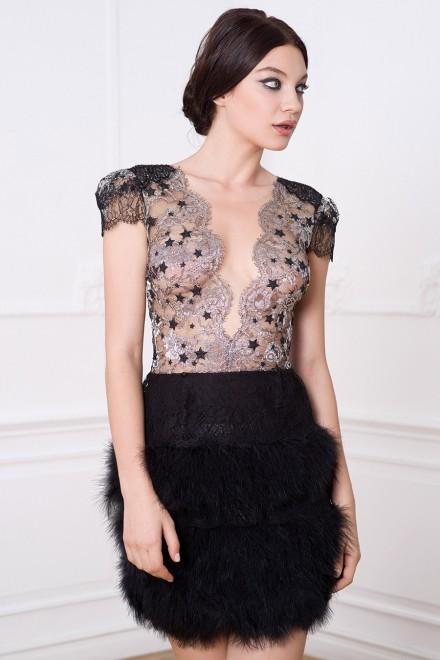 Cristallini - SKA767 Lace Deep V-neck Feathered Fitted Dress In Silver and Black