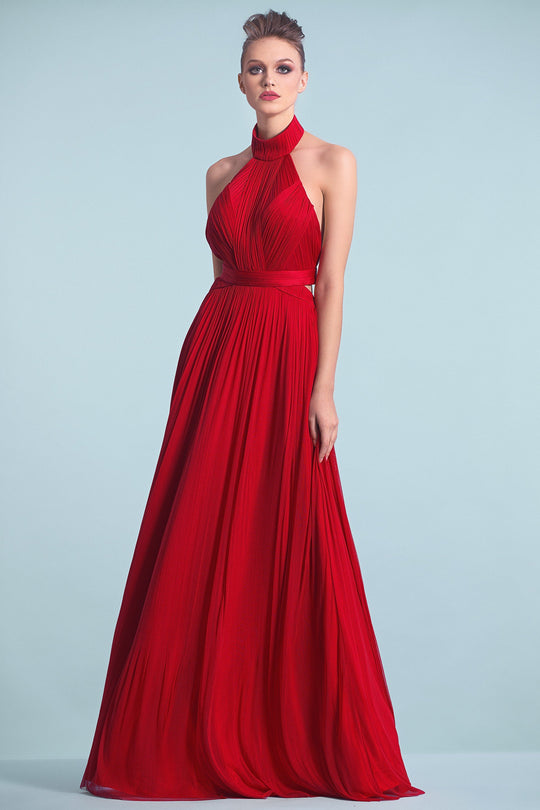 Cristallini - SKA468 Halter Plisse Silk Tulle Backless Evening Gown In Red