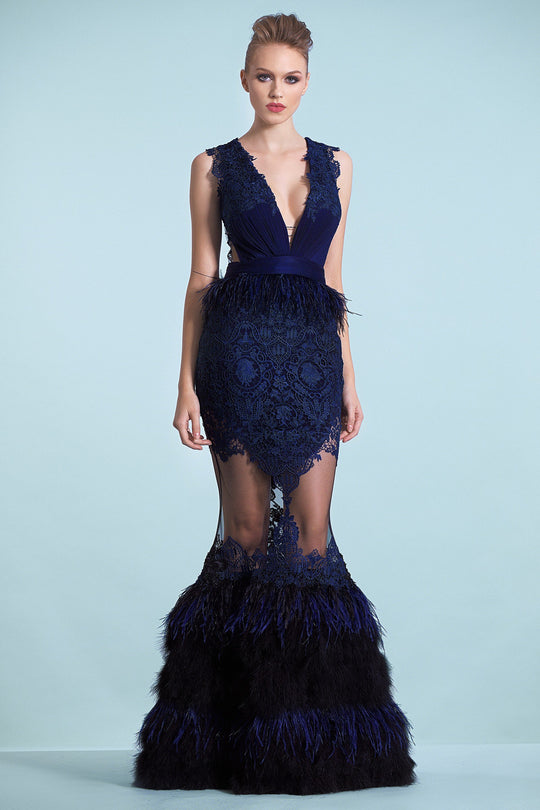 Cristallini - SKA658 Embroidered Feathered Mermaid Dress In Blue