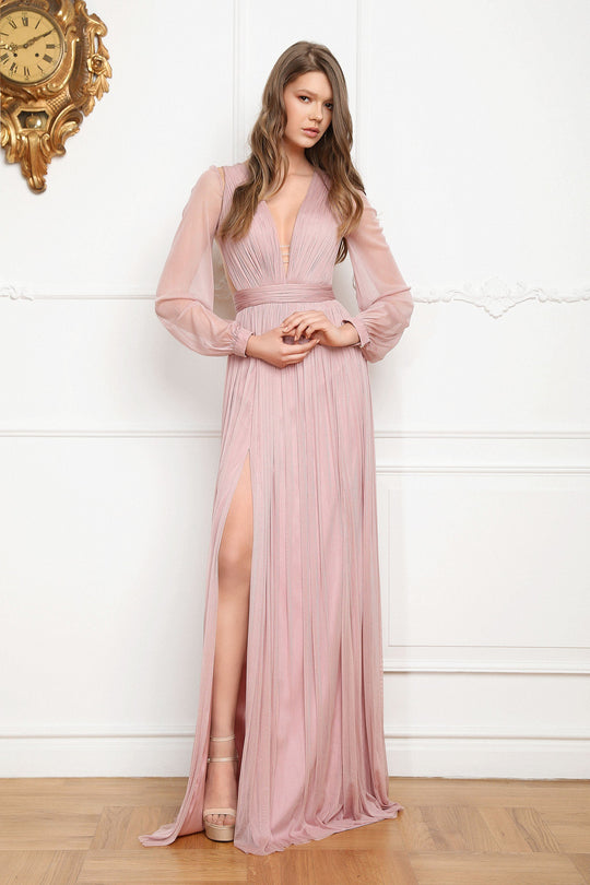 Cristallini - SKA670 Bishop Sleeve Plunging V-Neck Shirred Gown In Pink