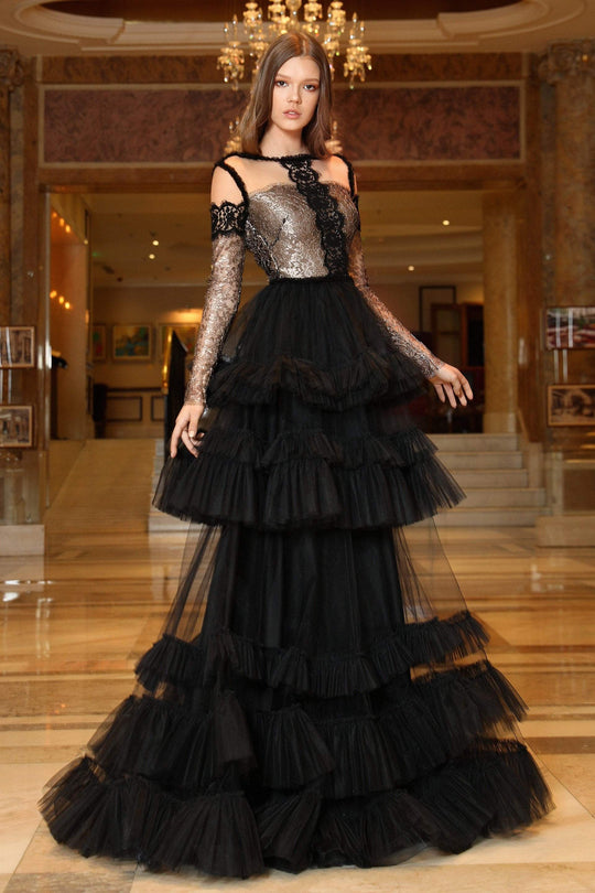 Cristallini - SKA789 Long Sleeve Ruffle Trimmed Tiered Ballgown In Black and Neutral