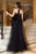 Cristallini - SKA794 Feather-Adorned Illusion Jewel High Slit Gown In Black