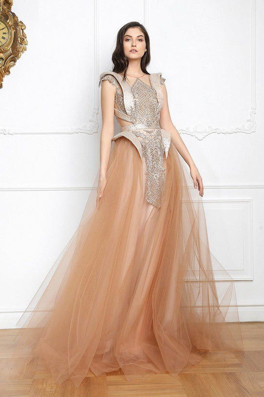 Cristallini - SKA807 Embellished Jewel A-Line Evening Gown In Gold