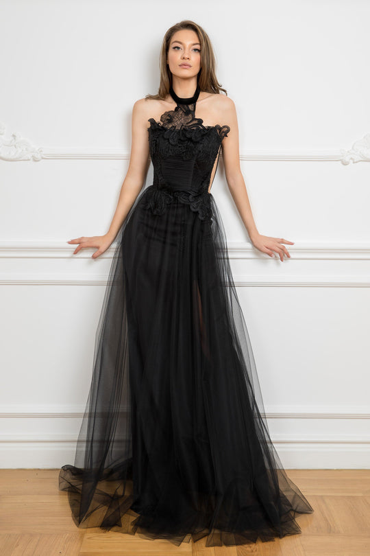 Cristallini - SKA 838 Lace Embroidered High Halter Dress In Black