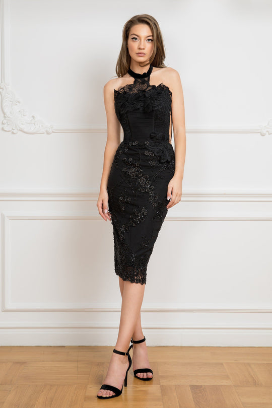 Cristallini - SKA 840 Knee Length Beaded Lace Halter Dress In Black