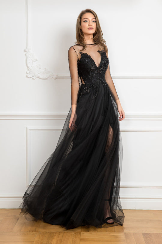 Cristallini - SKA 844 Illusion Long Sleeve Beaded Embroidery Gown In Black