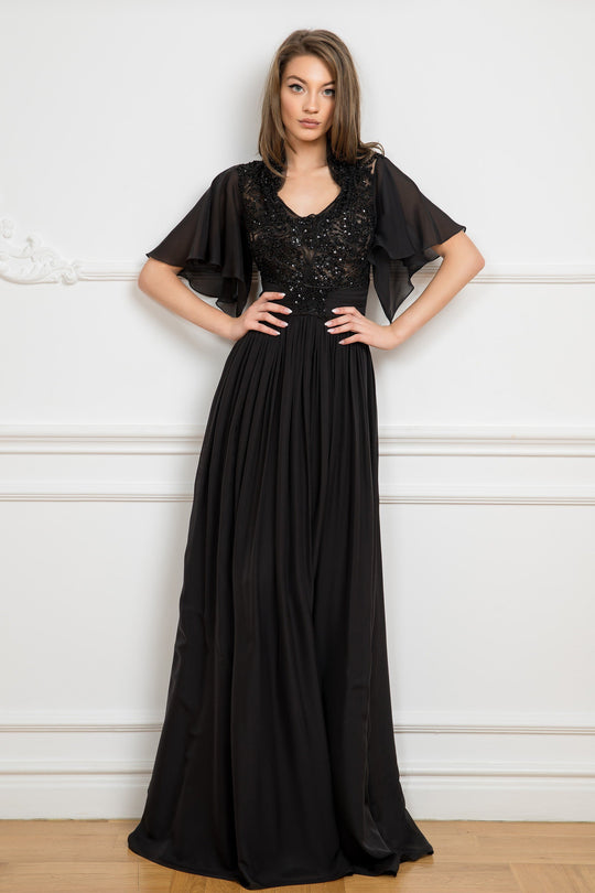 Cristallini - SKA 845 Flutter Sleeve Beaded Applique Collared Gown In Black