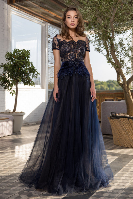 Cristallini - SKA 847 Floral Embroidered A-Line Evening Gown In Blue