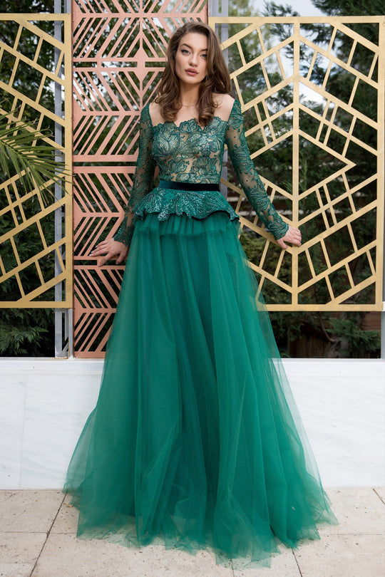Cristallini - SKA 850 Lace Embroidered Long Sleeves Dress In Green