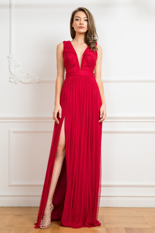Cristallini - SKA 851 Fringe Trimmed Plunging V-Neck Gown In Red