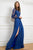 Cristallini - SKA 853 Pleat-Trimmed Bishop Sleeve High Slit Gown In Blue