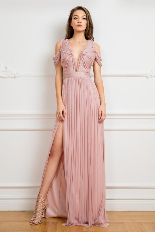 Cristallini - SKA 856 Ruffle Trimmed Bodice Cold Shoulder Gown In Pink