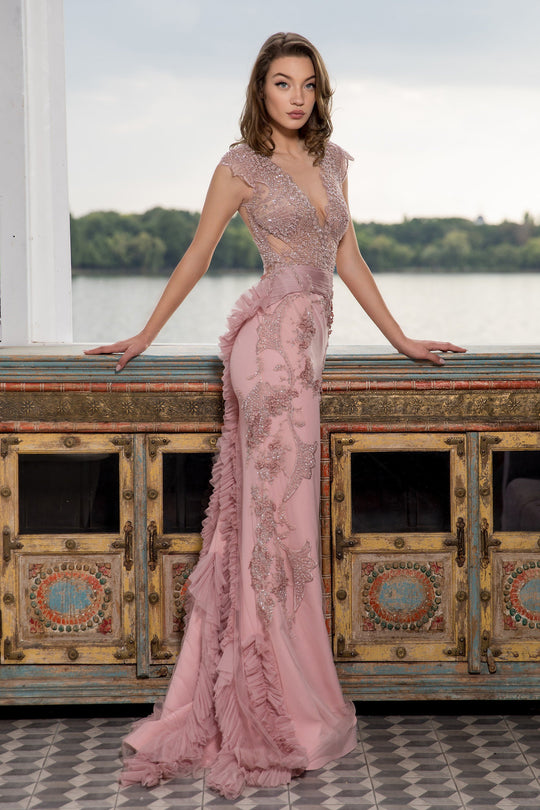 Cristallini - SKA 857 Cap Sleeve Bead-Ornate Embroidered Long Gown In Pink