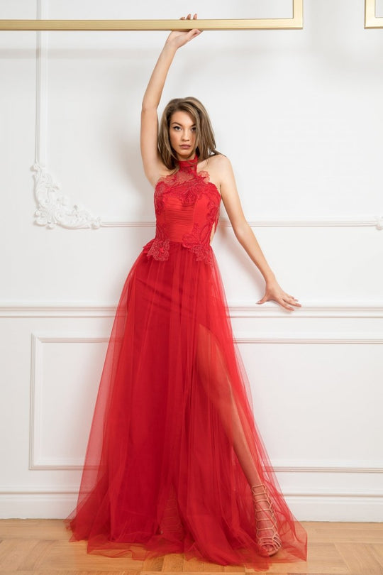Cristallini - SKA 869 Ruched Halter A-Line Gown In Red