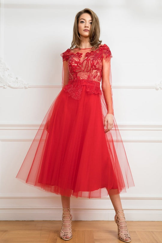 Cristallini - SKA 874 Bateau Long Sleeve Dress In Red