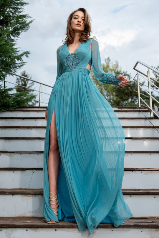 Cristallini - SKA 876 Macrame Lace Appliqued Long Sleeve Shirred Gown In Blue