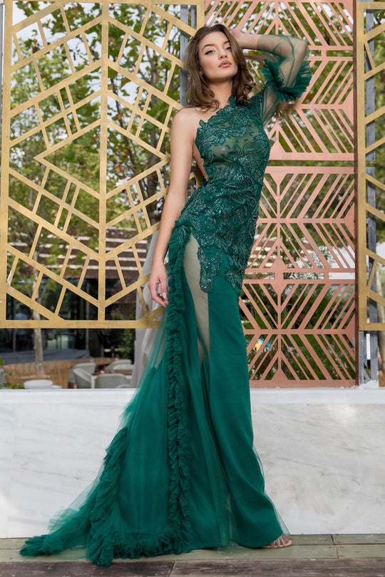 Cristallini - SKA 877 Asymmetrical Embroidered Mermaid Dress In Green
