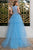 Cristallini - SKA 879 T train Floral Appliques Plunging Evening Gown In Blue
