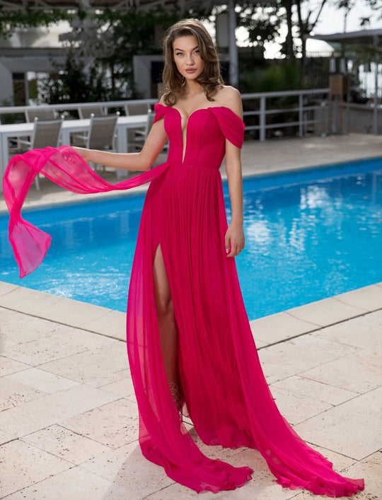 Cristallini - SKA 880 Draped Off Shoulder Plunging Evening Dress In Pink