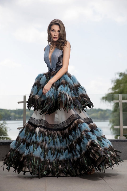 Cristallini - SKA 883 Feather-Detailed Deep V-Neck A-Line Gown In Multi Color