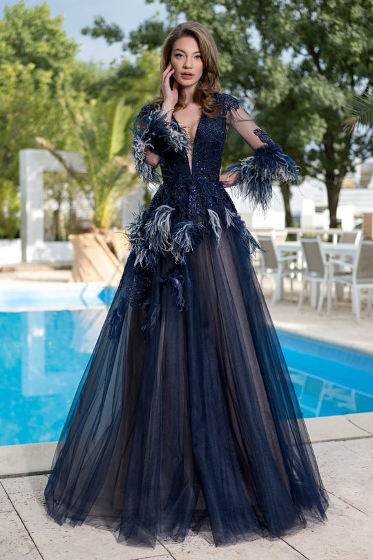 Cristallini - SKA 887 Feather-Accented A-Line Gown In Blue