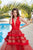 Cristallini - SKA 888 Deep V-Neck Ruffled Ballgown In Red