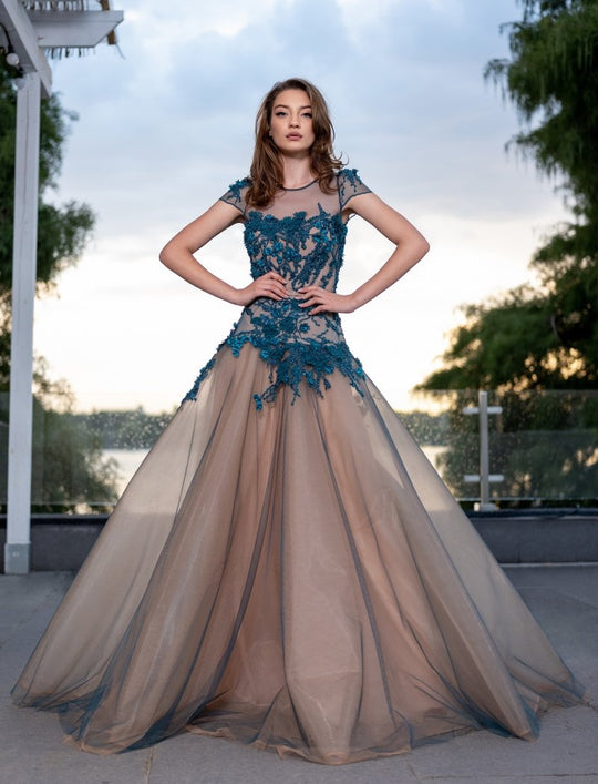 Cristallini - SKA 890 Floral Applique Cap Sleeve Gown In Blue and Neutral