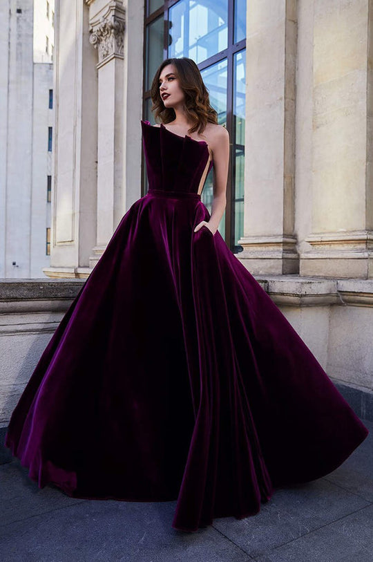 Cristallini - SKA946 Pleated Asymmetrical Bodice Velvet Ballgown In Purple