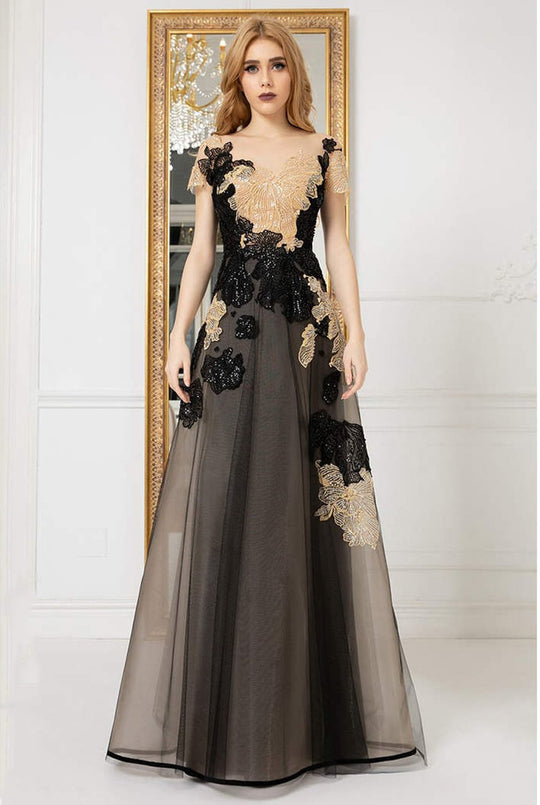 Cristallini - SKA974 Short Sleeve Two Toned Lace A-Line Gown In Gold and Black