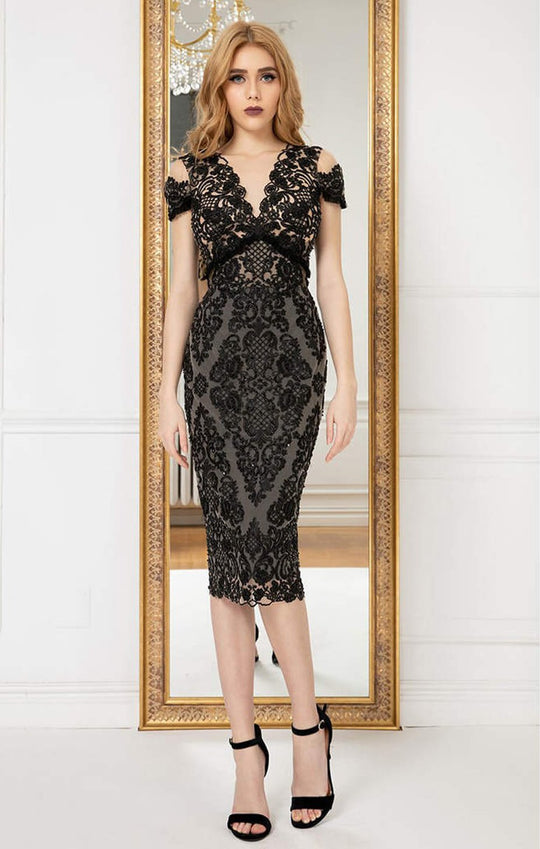 Cristallini - SKA982 Knee Length Plunging Beaded Lace Dress In Black and Nude