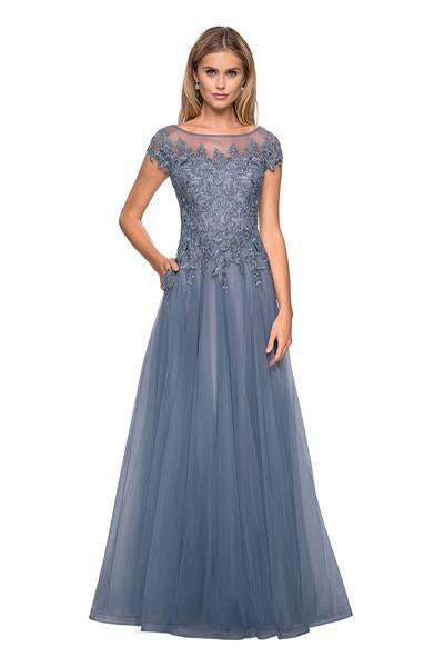 La Femme - 26893 Embroidered Lace Bateau A-line Dress In Blue