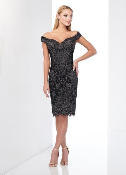 Social Occasions by Mon Cheri - 218805 Lace Appliqued Cocktail Dress In Black and Gray