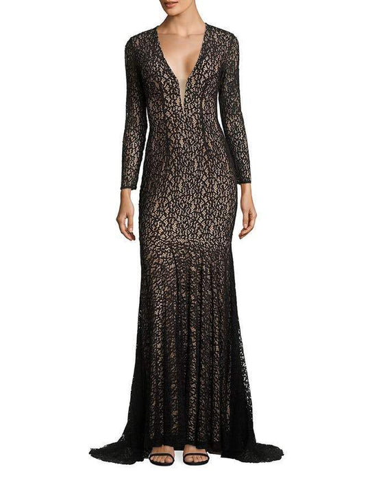 Lace Embellished Long Sleeves V-Neckline Gown 45150