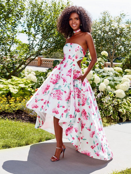 Clarisse Prom - 3563 Strapless Floral High Low Prom Dress in White and Print