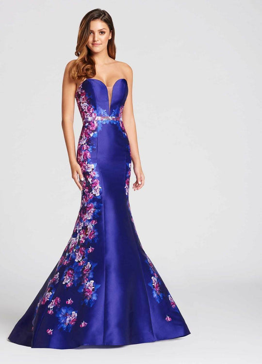 Ellie Wilde - EW118005 Plunging Sweetheart Floral Mikado Mermaid Gown In Purple and Floral