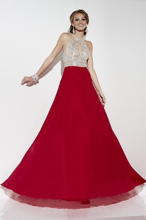 Studio 17 - 12553 Halter Embellished A-line Gown in Red and Neutral