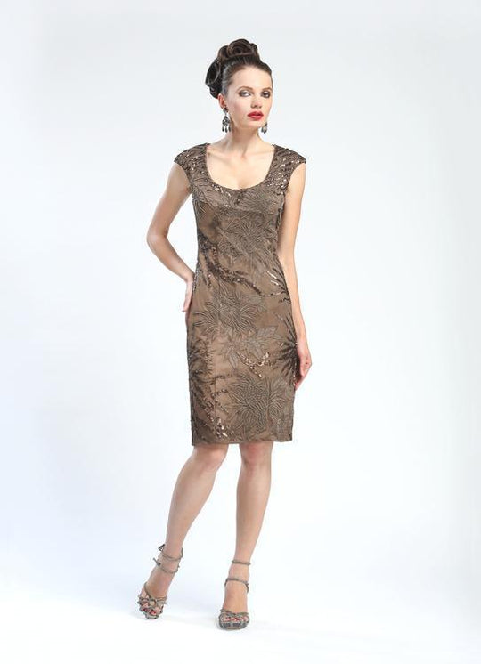 Sue Wong - Cap Sleeve Sequined Cocktail Dress in Taupe N4405