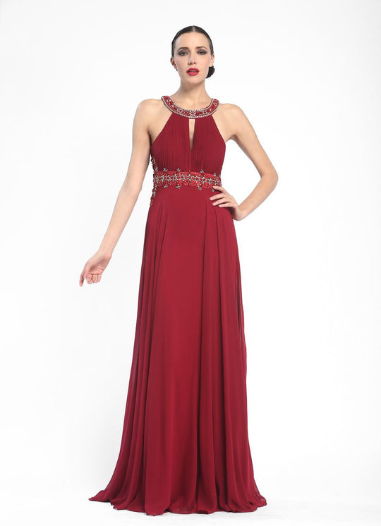 Sue Wong - Beaded Halter Neck Chiffon A-Line Dress N5330 in Red