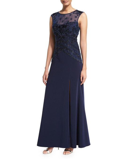 Sue Wong - Embroidered Illusion Bateau Neck Dress N5444 in Blue