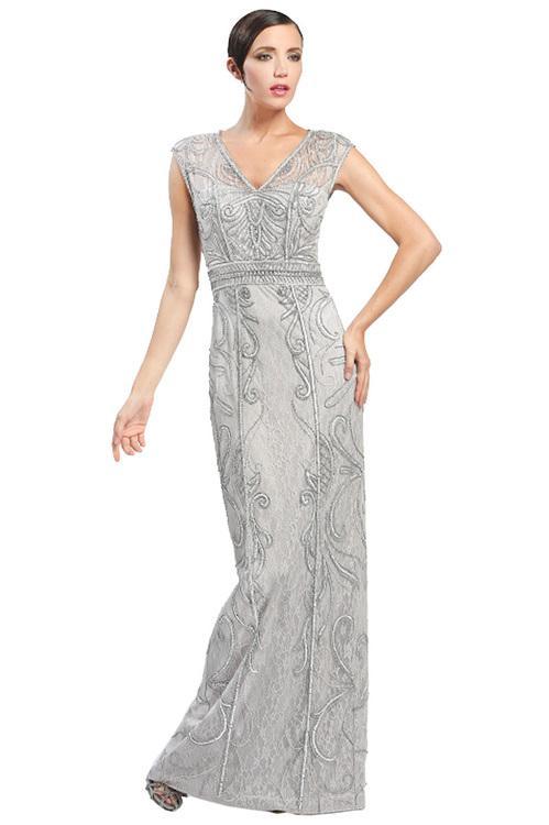 Sue Wong - Cap Sleeve V-neck Long Dress in Gray