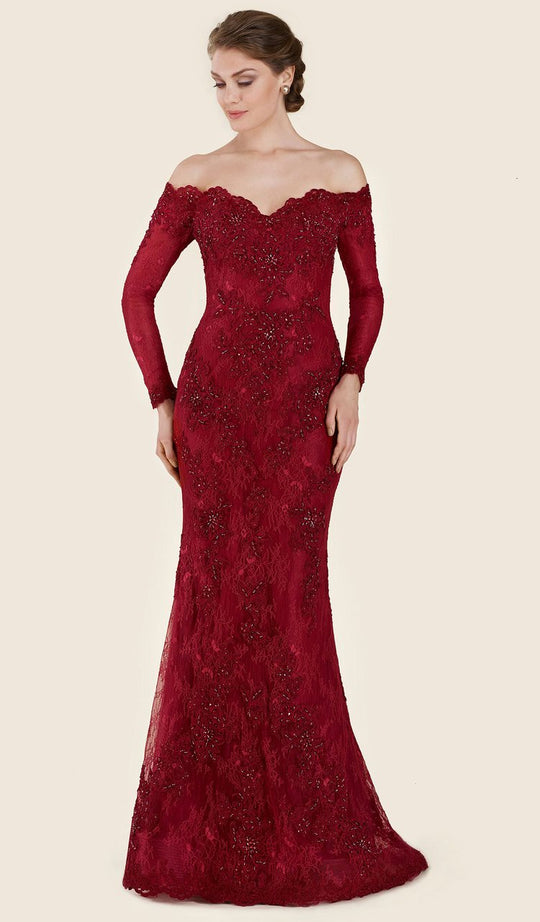 Rina Di Montella - RD2605 Embellished Lace Off-Shoulder Trumpet Gown in Red