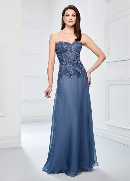 Mon Cheri - Montage by Mon Cheri - Embroidered Lace Chiffon A-line Gown 218916 In Blue