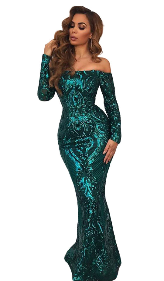 Tinaholy Couture - T1866 Off Shoulder Long Sleeve Sequin Mermaid Gown