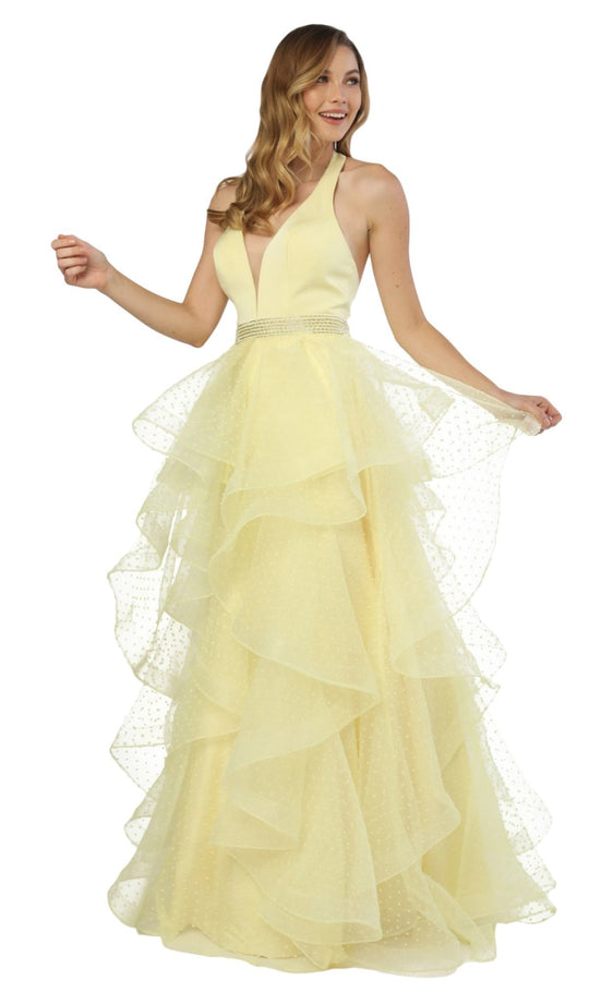 Nox Anabel - T256 Plunging Halter Dotted Lace Tiered Gown In Yellow