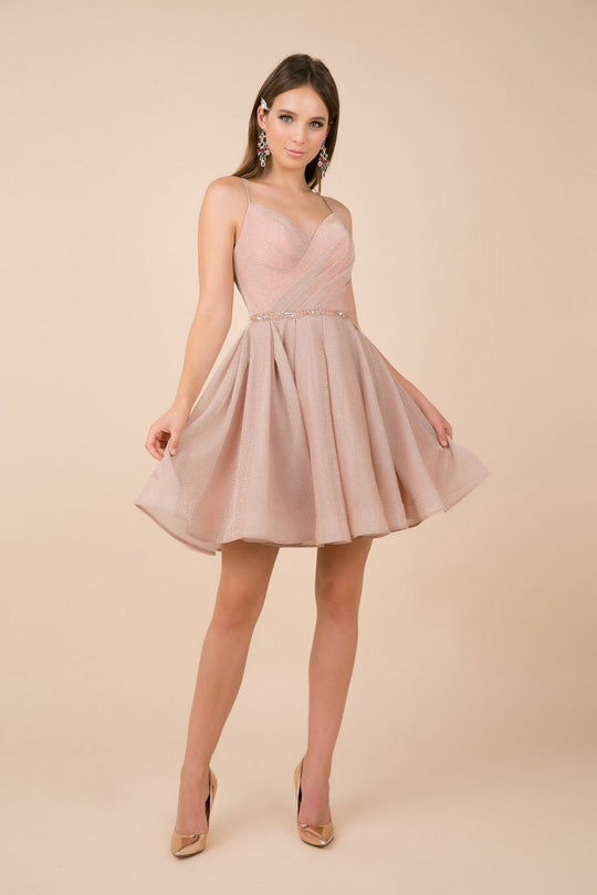 Nox Anabel - T681 Embellished V-neck Pleated A-line Dress In Pink